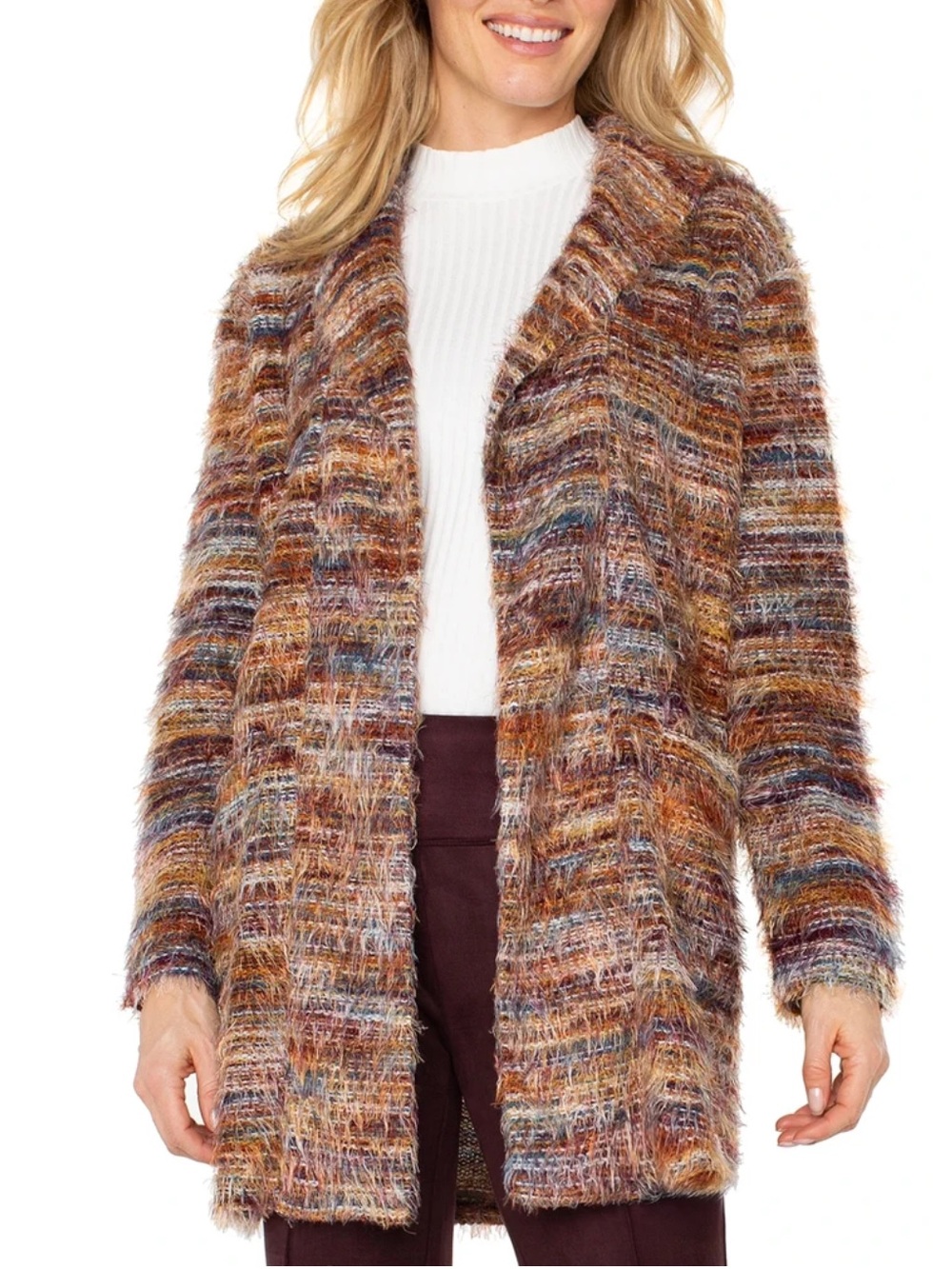 Liverpool Multi Feather Knit Open Front Coatigan Sweater M $139 NWT